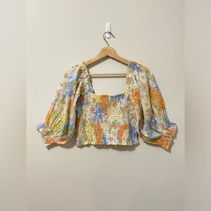 Billabong Floral Cropped Blouse with Smocked Bodice and Billow Sleeves